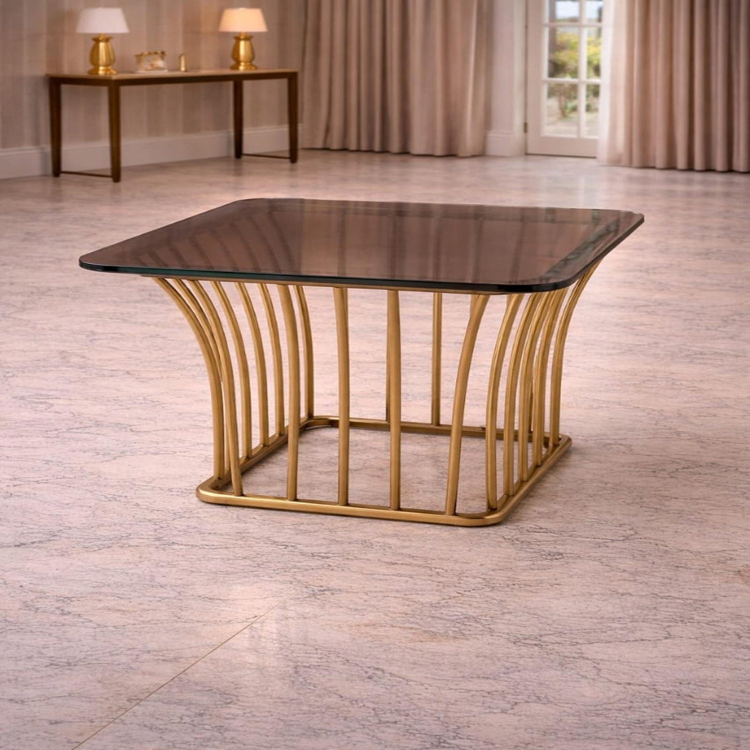 modern glass top center table teapoy for living room with metal base